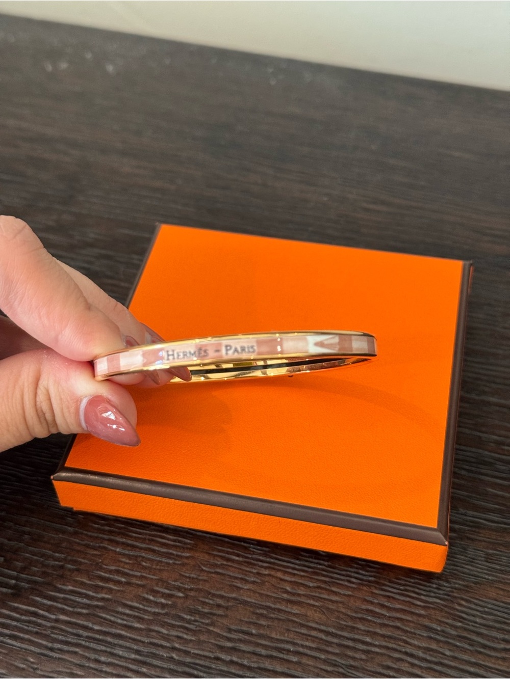 Hermes Gold and Pink Enamel Narrow Bangle Bracelet